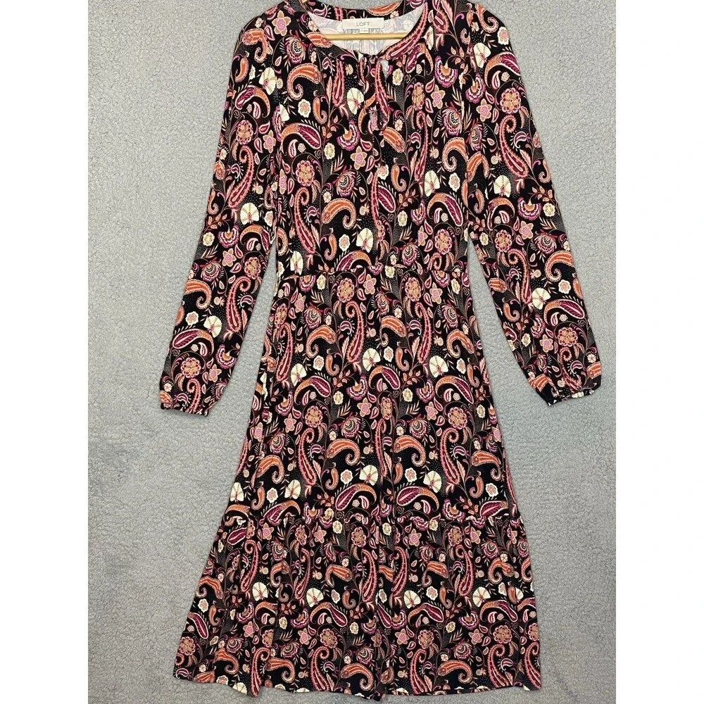 Loft Brown Boho Prairie Womens Keyhole Neck Tie Front LS Maxi Dress Sz M Stretch